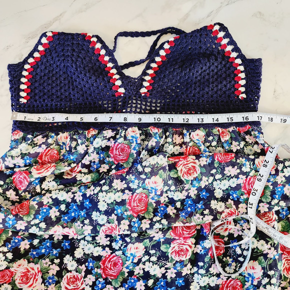 Forever 21 Crochet top Floral Maxi Semi Sheer Beach Cover up Dress OX - Picture 6 of 7